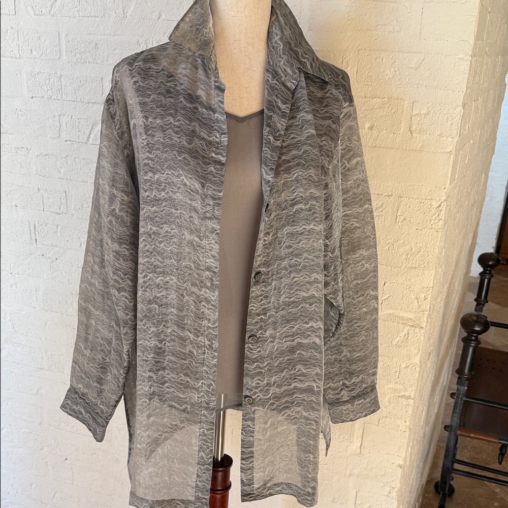 Gray Textured Silk Tunic Button Down  Blouse Size12